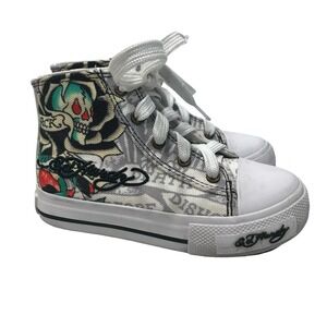 Ed Hardy Kids High Top Sneakers Tattoo Skull Rose White Lace Up Shoes toddler 9